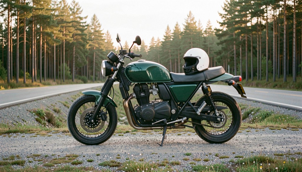 Mellanstor motorcykel parkerad på en grusficka vid en skogsväg i Roslagen, hjälm på sadeln och mjukt eftermiddagsljus