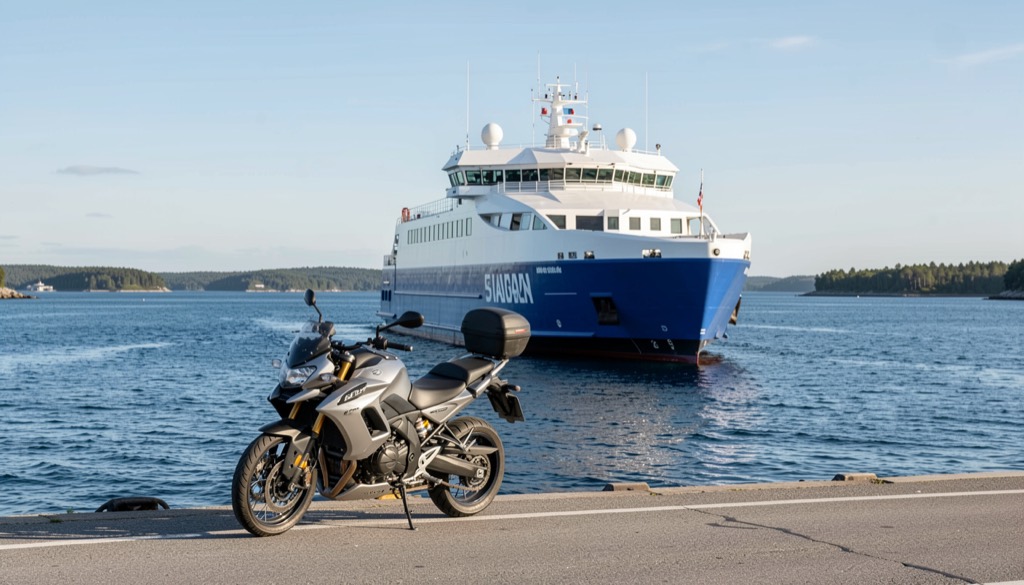 Vägfärja vid en skärgårdsbrygga med blått vatten och en motorcykel i kö på land