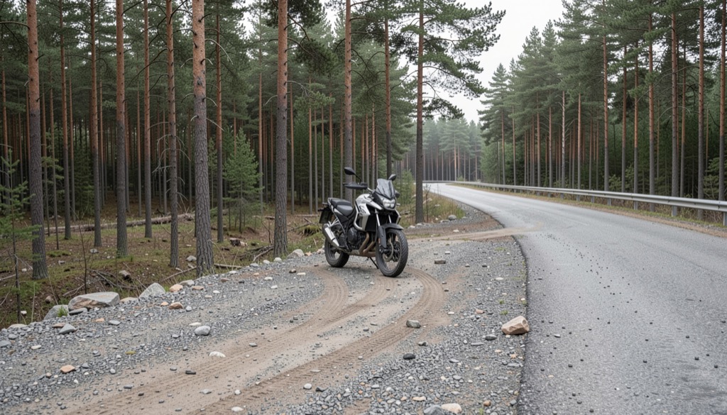 Motorcykel på hårt packad grusväg i svensk skog, sedd från säker vägkant