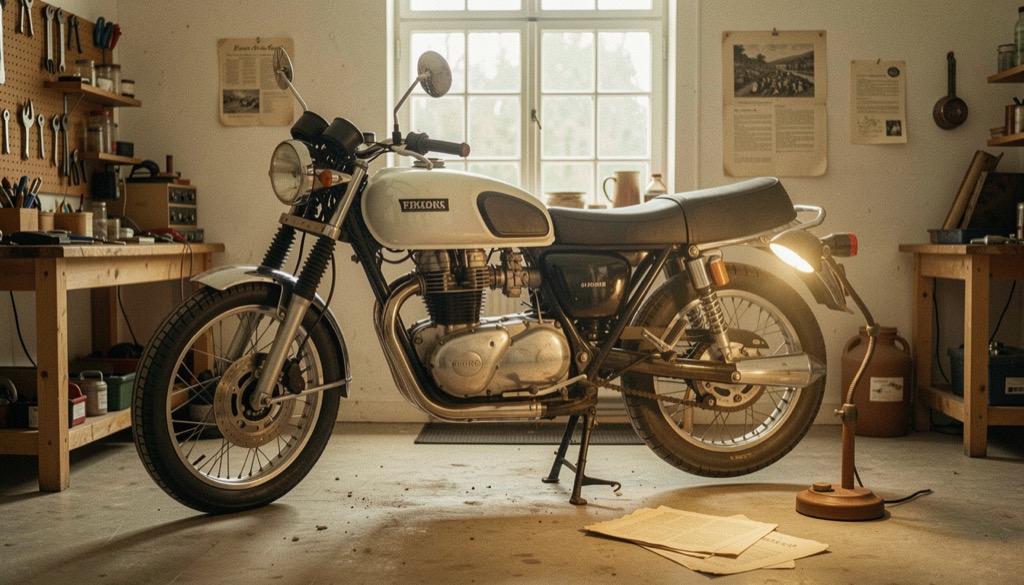 Gamla motorcykeltidningar och en klassisk motorcykel i ett stilla garage