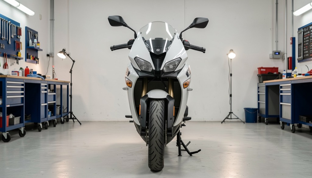 Motorcykel framifrån i ett ljust garage med kontrollampa och verktyg i bakgrunden