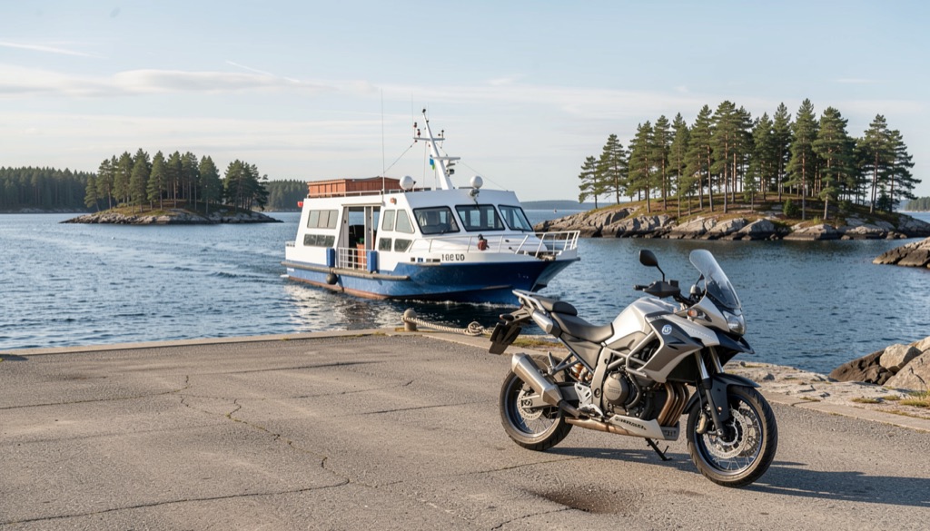 Vägfärja på väg mot en brygga i Roslagens skärgård med en motorcykel i förgrunden