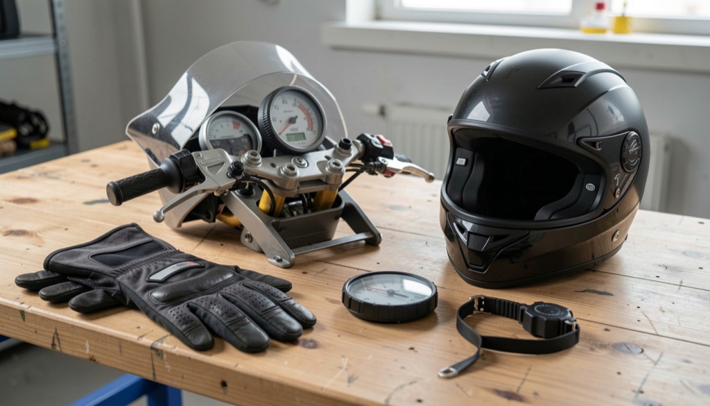 Motorcykelns reglage, hjälm och handskar förberedda på en träbänk före en tur