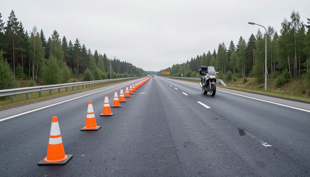 Vägkoner och asfaltarbete på en svensk väg, fotograferat från säker sida