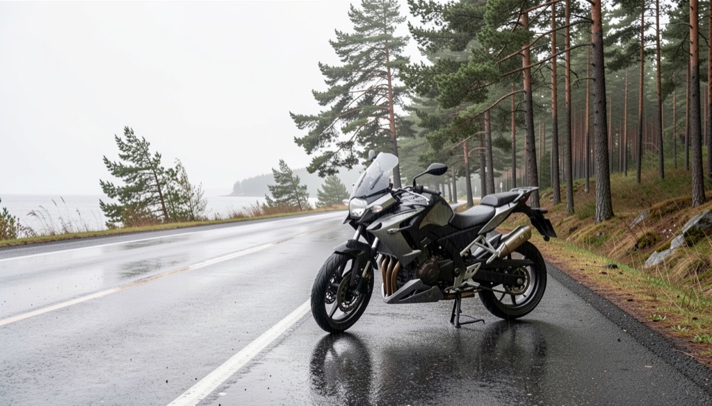 Motorcykel vid en våt vägkant med vind i tallarna och ljus över Roslagens kust