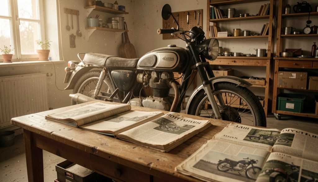 Klassisk motorcykel i ett stilla garage med gamla tidningssidor på ett bord