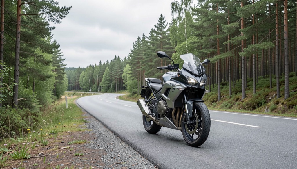 En motorcykel parkerad vid en slingrande Roslagsväg mellan skog och öppet landskap