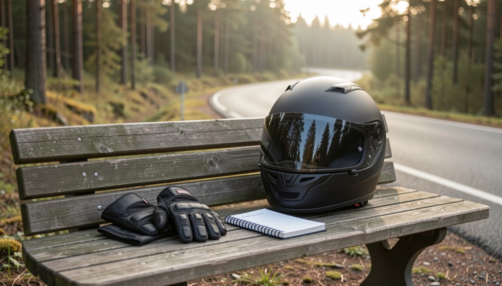 Motorcykelhandskar och hjälm på en bänk vid en svensk skogsväg